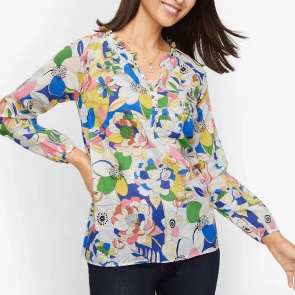 Talbots Blouse Ruffle S Trim Popover Top Colorful Floral Cotton Long Sleeve NWT - Picture 1 of 9